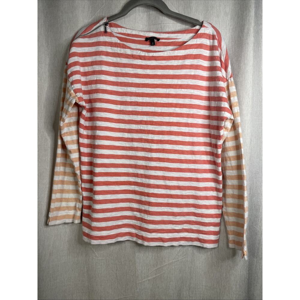 Talbots Women’s Medium Long Sleeve Top W/ Stripes & Zipper Detail - 100% Cotton